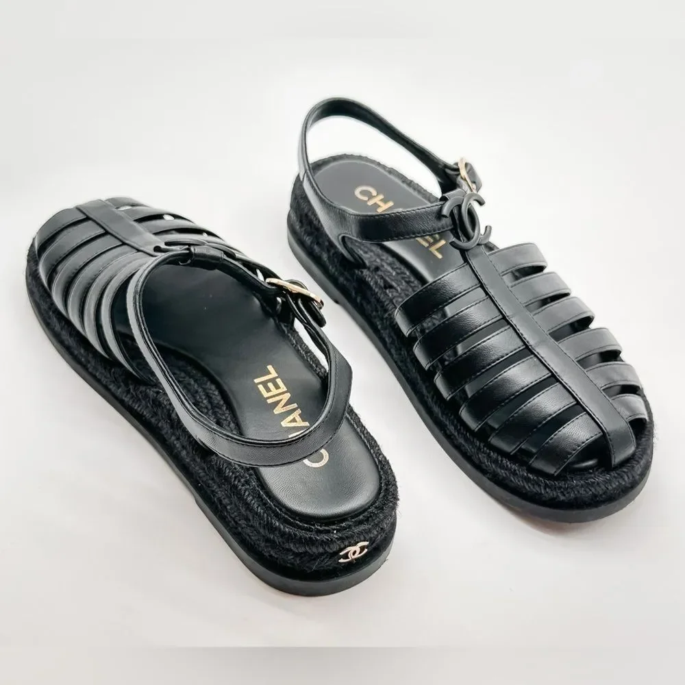 CHANEL 2024 CC Logo Black Leather Fisherman Rope Sole Dad Sandals Flats EU 37